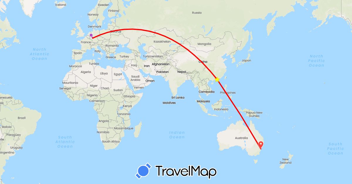 TravelMap itinerary: driving, train, plane in Australia, China, Germany (Asia, Europe, Oceania)
