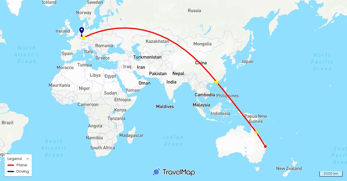 TravelMap itinerary: driving, plane in Australia, China, Germany (Asia, Europe, Oceania)